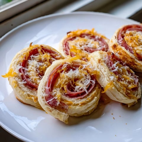 Golden, flaky Sliced Cheddar and Salami Scrolls, smelling of warm cheese, fresh from the oven.