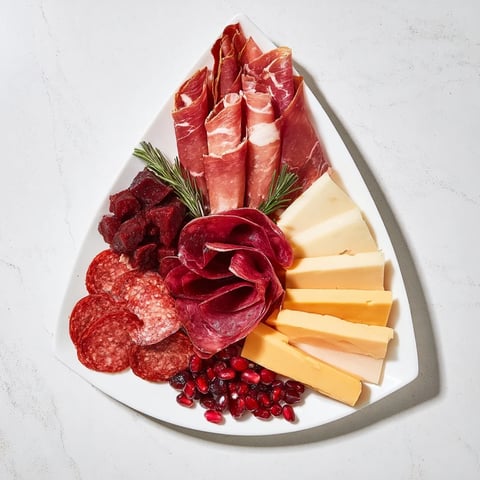 A Crimson Crest charcuterie board brimming with red meats, cheeses, and ruby-hued accompaniments.