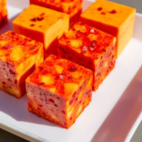 Bauhaus Block appetizer with colorful bell peppers, cheese, and grapes, arranged artfully on a platter.