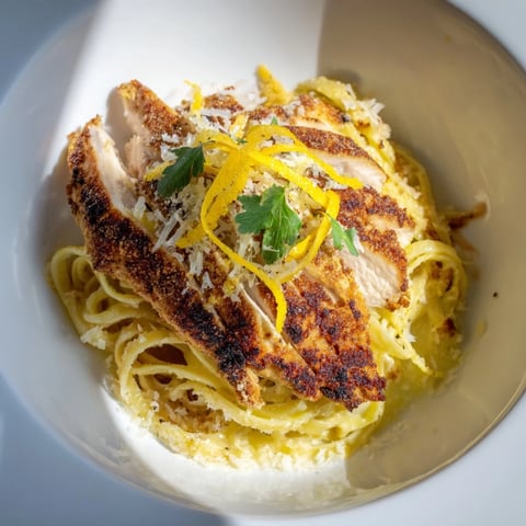Golden browned Pasta with Lemon Brûlée Chicken, garnished with fresh parsley and extra zesty lemon.