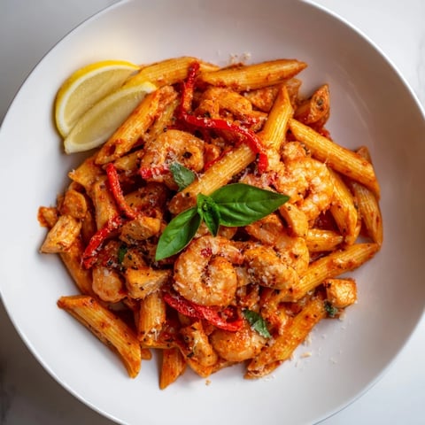 One-Pot Diavola Pasta showcases tender shrimp and chicken in a spicy, flavorful sauce.