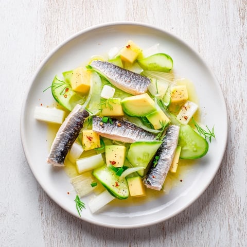 Cucumber and Tinned Fish Date Night Salad with vibrant fresh herbs, creamy avocado, ready to serve and enjoy.