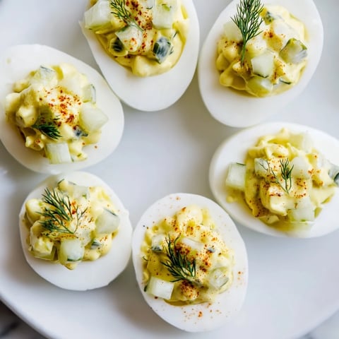 Golden, dill pickle deviled eggs, a flavorful appetizer, garnished with fresh dill.