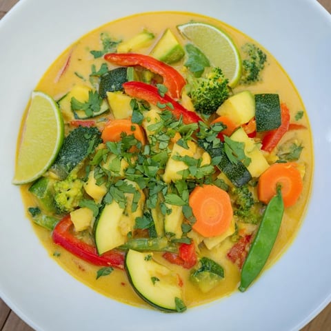 Steaming Coconut Curry Vegetables with vibrant colors, served hot and garnished with fresh cilantro.