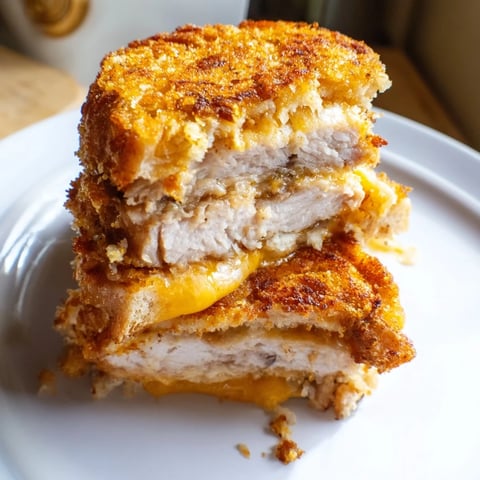 Golden brown Crispy Panko Pork Chop Grilled Cheese with melted cheese oozing from the bread.