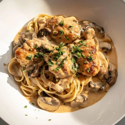 Creamy Mushroom Chicken Pasta: a comforting plate of pasta, chicken, and mushrooms, coated in a rich, creamy sauce.