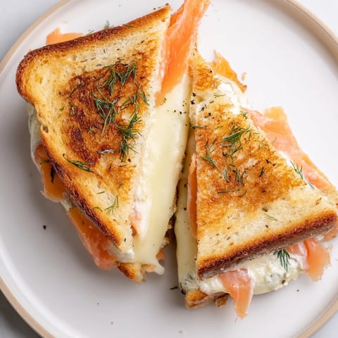 Golden, melted Smoked Salmon Grilled Cheese oozing with creamy cheese and delicate salmon slices.