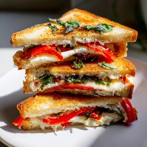 Golden, bubbly Roasted Red Pepper Grilled Cheese, oozing melted goat cheese, ready to eat.