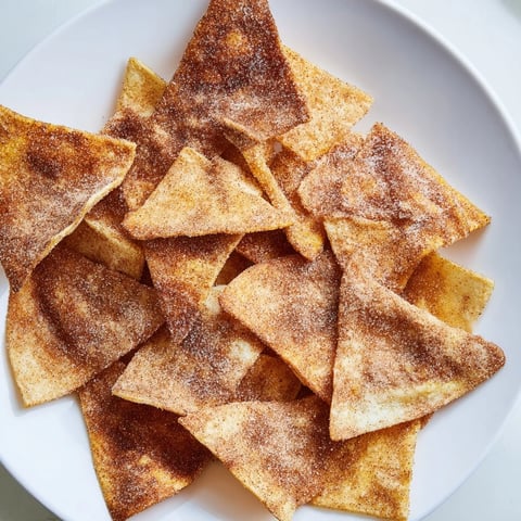 Warm and golden cinnamon sugar tortilla chips, a simple dessert snack with irresistible crunch.