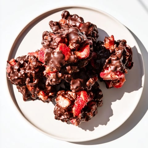 Frozen Strawberry Yogurt Clusters, beautifully coated in glossy dark chocolate, ready to eat.