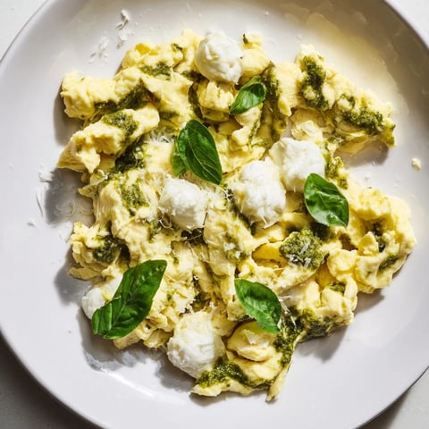 Fluffy Pesto Cottage Cheese Eggs, creamy and vibrant, served with crusty toast, a perfect breakfast.