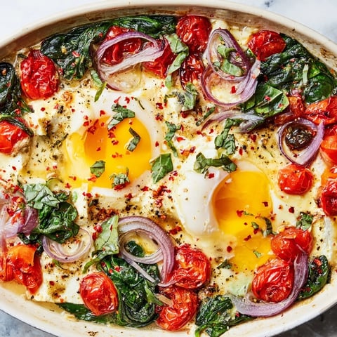 Creamy baked feta eggs with vibrant tomatoes, herbs, and a golden yolk, perfect Mediterranean breakfast.