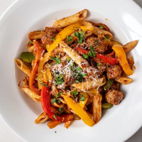 Sausage and Peppers Pasta: A steaming bowl of pasta with vibrant peppers and Italian sausage.