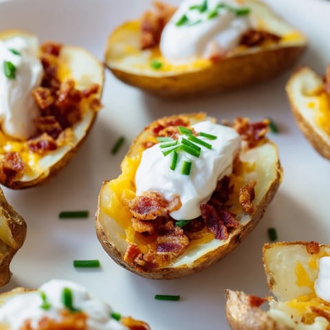 Loaded Baked Potato Skins topped with melted cheddar, crispy bacon, and cool sour cream.