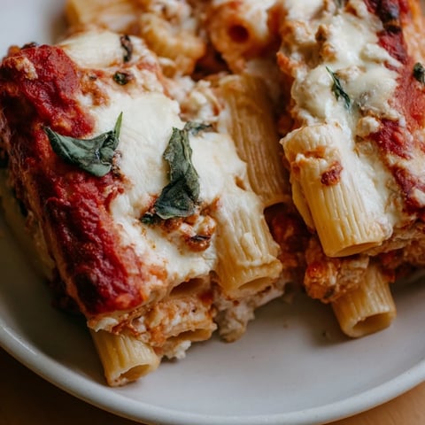 Steaming hot Cheesy Baked Ziti, a bubbling casserole with melted mozzarella and rich marinara.
