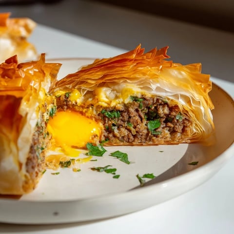 Golden, crispy Tunisian Brik pastry with a runny egg center ready to be served hot.