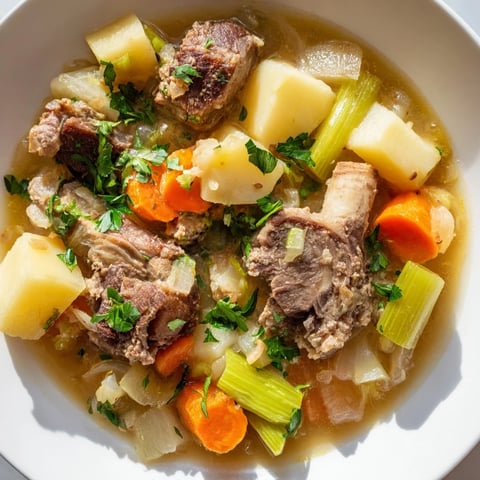 Steaming bowl of Welsh Cawl stew, featuring tender lamb and hearty root vegetables cooked low and slow.
