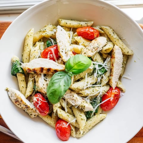 Tender grilled chicken and penne pasta coated in vibrant pesto for this Pesto Chicken Pasta.