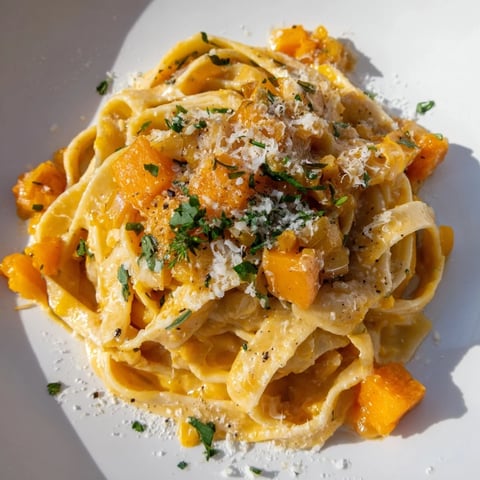 Creamy, golden Butternut Squash Pasta, garnished with parsley, a hearty vegetarian main course.