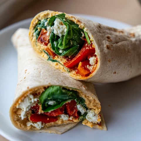 Mediterranean veggie wrap, overflowing with hummus, roasted peppers, spinach, and feta, ready to eat.