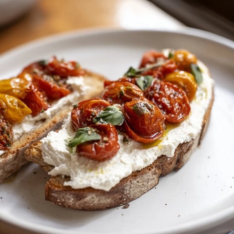 Golden-brown Tomato Ricotta Toast topped with juicy roasted tomatoes, a simple, delicious breakfast.