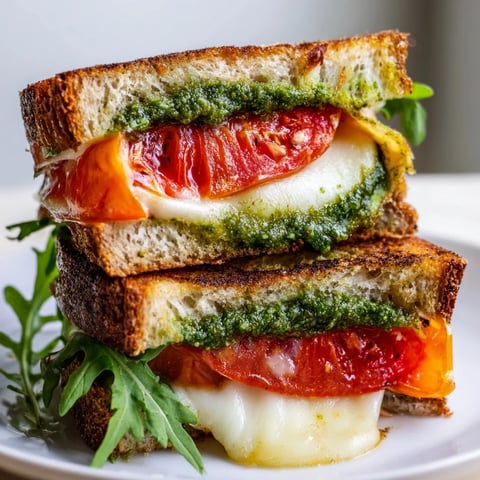 Golden, melted Roasted Tomato Pesto Grilled Cheese, oozing cheese and perfectly toasted bread in a skillet.