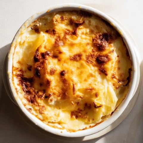 Golden, bubbling Cheese and Potato Pie with creamy potato layers and melted Gruyère and cheddar.