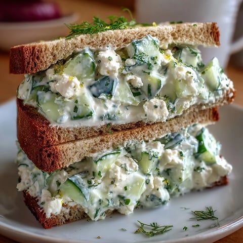Two halves of Easy Cucumber Salad Sandwiches on a wooden board, showcasing creamy Greek yogurt and fresh dill filling.