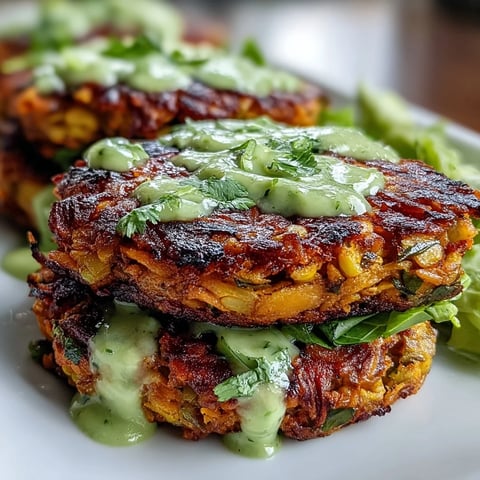 Golden-brown Crispy Sweet Potato & Red Lentil Patties sizzling in a skillet, topped with a creamy avocado cilantro sauce.