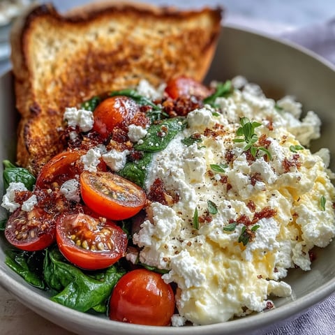 Vibrant spinach and feta breakfast bowl with fluffy eggs and ripe tomatoes.