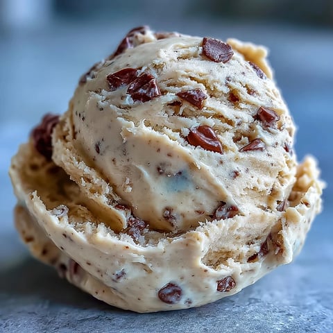 Scoop of chilled Greek Yogurt Cookie Dough with melty chocolate chips on a spoon, ready to eat.