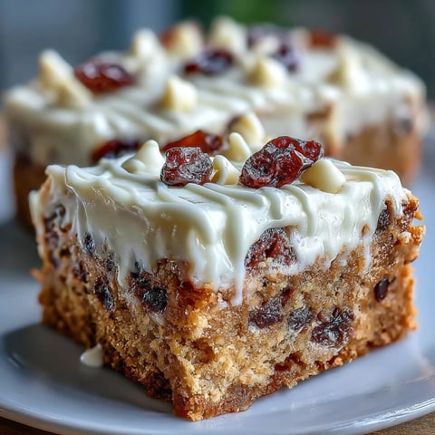 Golden-baked Cranberry Bliss Bars with zesty orange cream cheese frosting and white chocolate drizzle, garnished with dried cranberries.