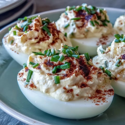 Creamy Million Dollar Deviled Eggs with paprika and fresh chives, nestled on a serving platter for a classic American appetizer.