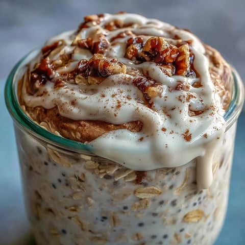 Close-up of creamy High-Protein Cinnamon Roll Overnight Oats in a clear jar, layered with a thick cream cheese-style drizzle and a dusting of cinnamon.