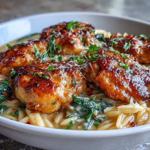Golden seared chicken pieces and creamy orzo pasta coated in garlic Parmesan sauce in a rustic skillet.