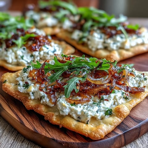 Golden-baked Goat Cheese & Caramelized Onion Flatbread topped with fresh arugula, glistening honey, and vibrant red chili flakes.