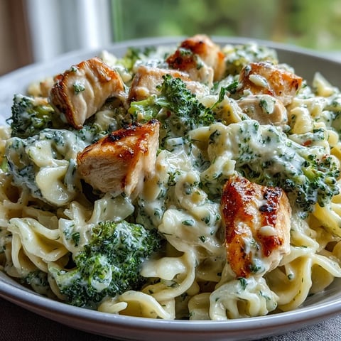 Creamy Garlic Parmesan Broccoli & Chicken Pasta is plated, garnished with parsley and extra Parmesan cheese.