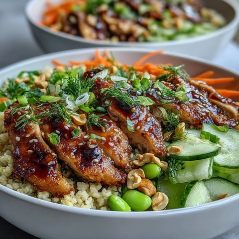Sesame Ginger Chicken Couscous Bowls feature tender sliced chicken and fluffy pearl couscous tossed in a sesame-ginger dressing, topped with crisp veggies and fresh herbs.