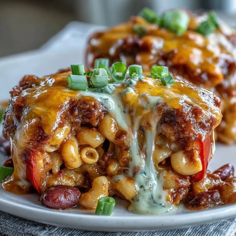 Golden-brown baked chili mac stuffed peppers with bubbling cheddar cheese, served hot.