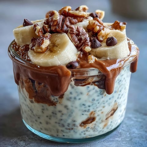 Creamy layers of Chunky Monkey Overnight Chia Pudding are spooned into a glass jar, topped with ripe banana slices and walnuts.