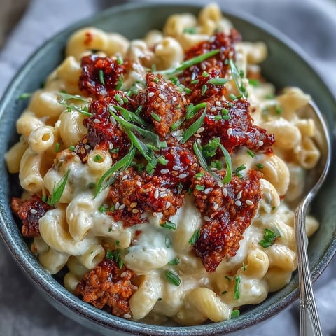Creamy Korean-Style Turkey Mac & Cheese topped with fresh green scallions and sesame seeds on a rustic plate.