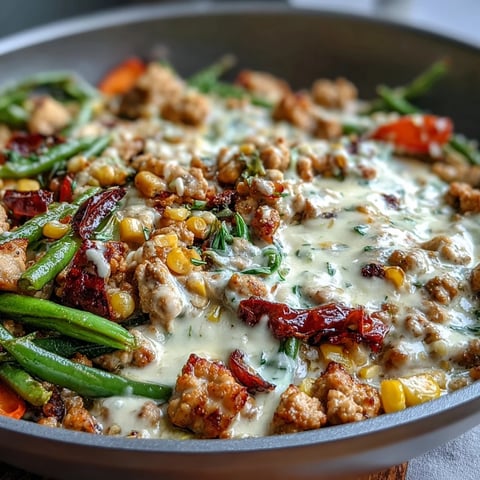 Creamy Ranch Turkey & Veggie Skillet simmering in a pan, with colorful bell peppers, corn, and ground turkey in a rich white cheddar ranch sauce.