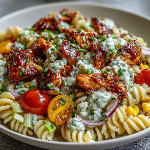 Honey BBQ Chicken Pasta Salad in a white bowl, garnished with fresh chives and juicy cherry tomatoes.
