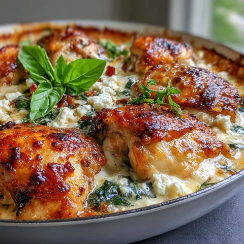 Golden-baked Creamy Greek Chicken & Pearl Couscous Bake features juicy thighs, wilted spinach, and melted feta in a lemony sauce.