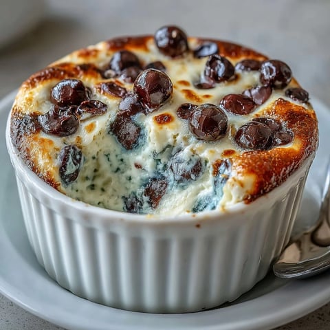 Golden, puffed Baked Greek Yogurt with fresh blueberries served warm in a ramekin.
