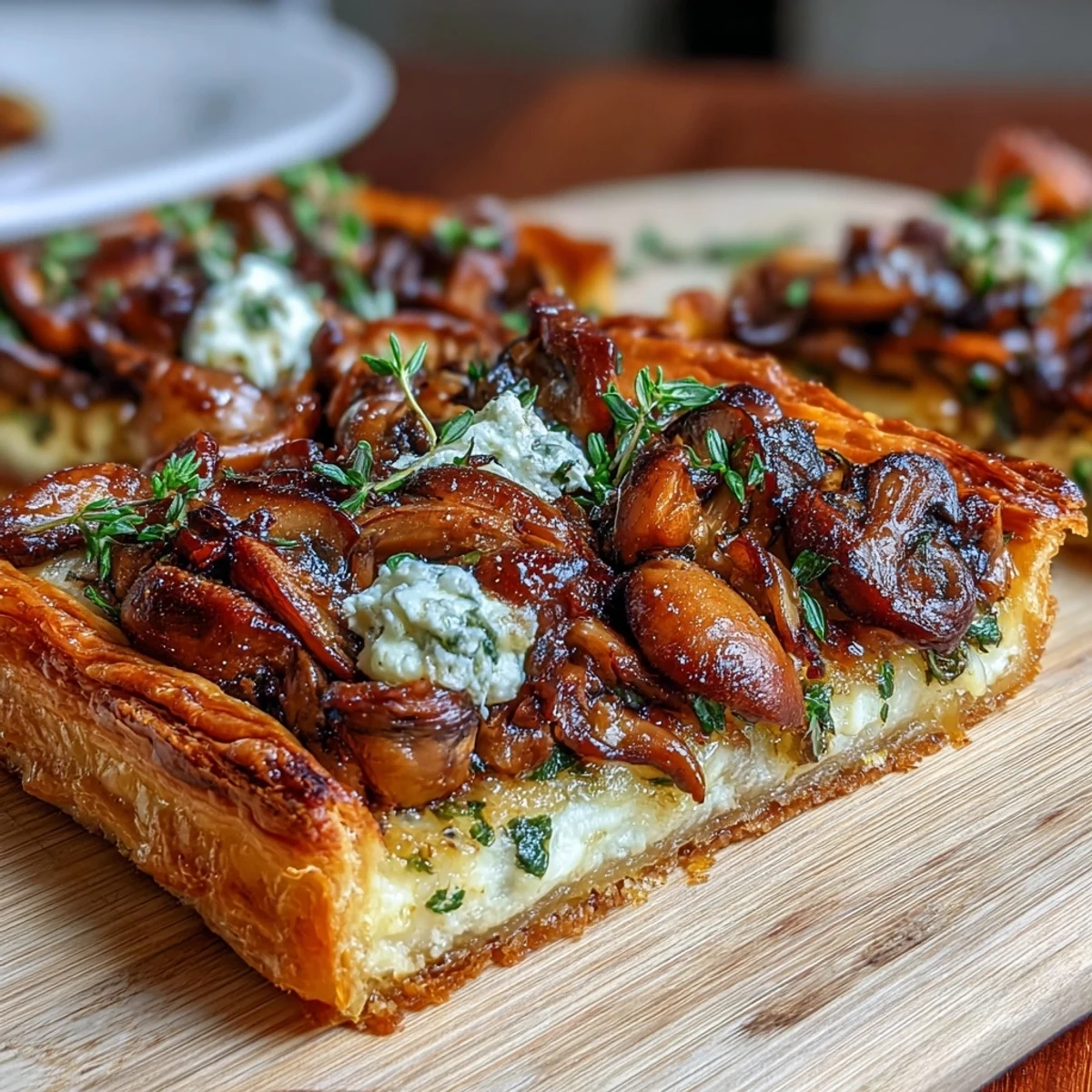 Golden-baked Wild Mushroom Tart with a flaky puff pastry base, topped with sautéed wild mushrooms and crumbled goat cheese.