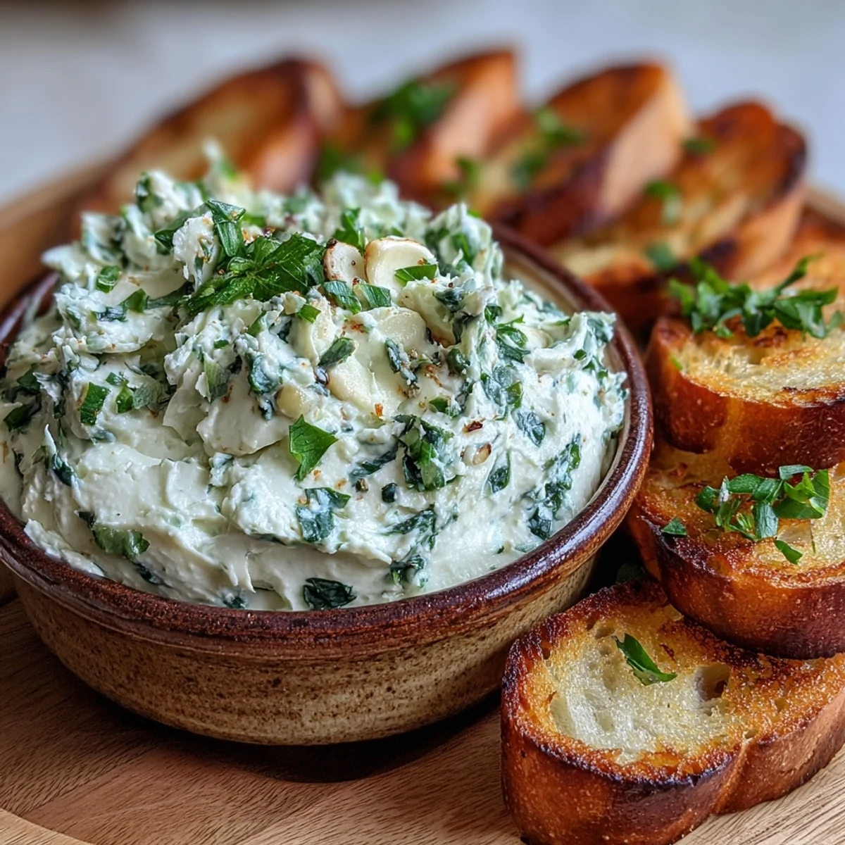 Golden Garlic & Herb Crostini Spread in a white bowl, surrounded by fresh parsley, chives, and toasted baguette slices.