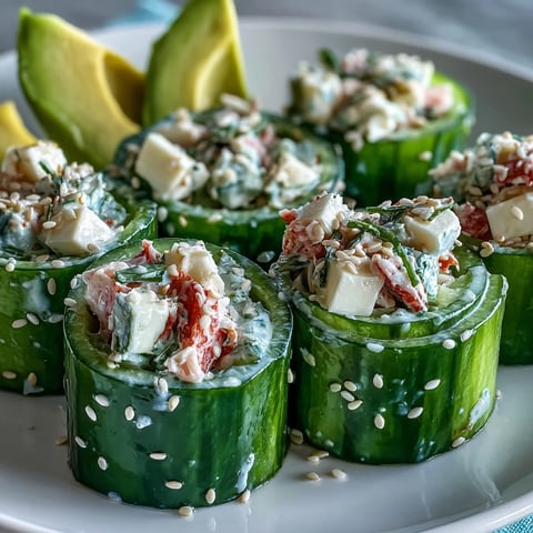 Fresh California Roll Cucumber Salad with creamy avocado and crab in tangy dressing, garnished with sesame seeds.