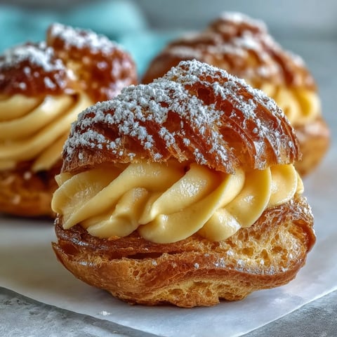 Golden-brown Mango Pastry Cream Puffs are lightly dusted with powdered sugar on a wooden board. 
