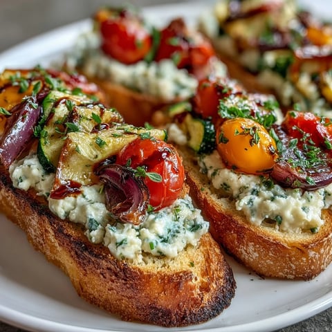 Golden, crispy garlic butter crostini topped with creamy ricotta and colorful roasted vegetables on a rustic board.
